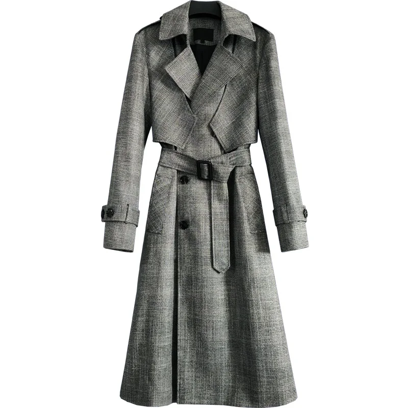 OEM 2020 New Fashion Spring Fall Plaid Turn Down Collar Women Trench Coat