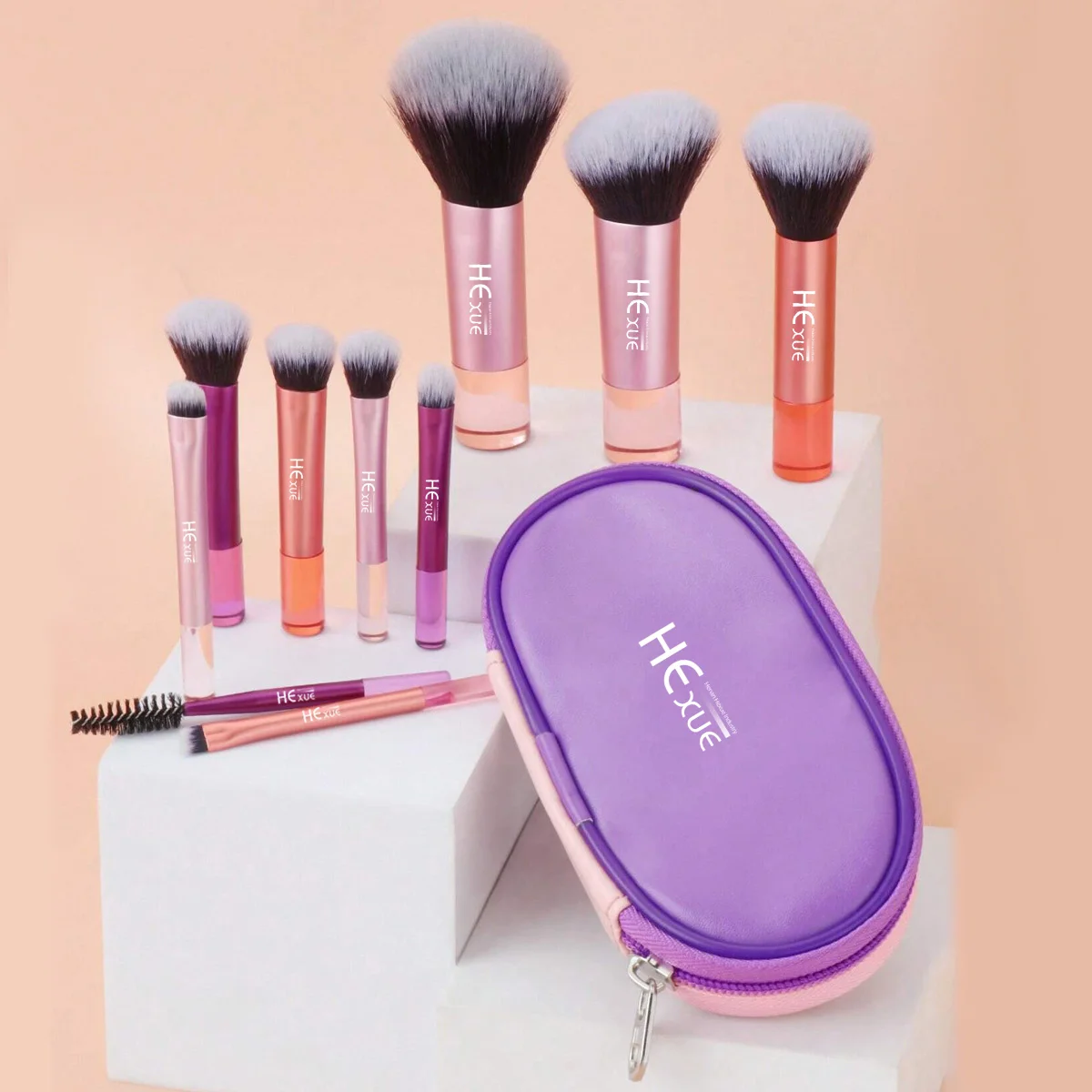 10pcs Portable Makeup Brush Set Travel Shorten Clear Handle Brush For Eyeshadow Blush Makeup Brushes Kit With Bag