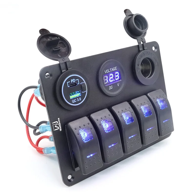 WattBons 5 Gang Marine Rocker Switch Panel with QC 3.0 Type C PD Car Dual USB Charger and Power Socket Voltmeter On off Switch