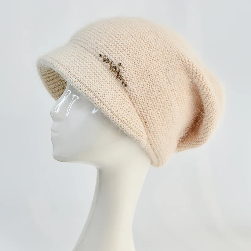 Winter Angora Wool Beret with Visor Hats Thick Knitted Beanie With Rhinestone Casual Outdoor Hat for Elegant Ladies