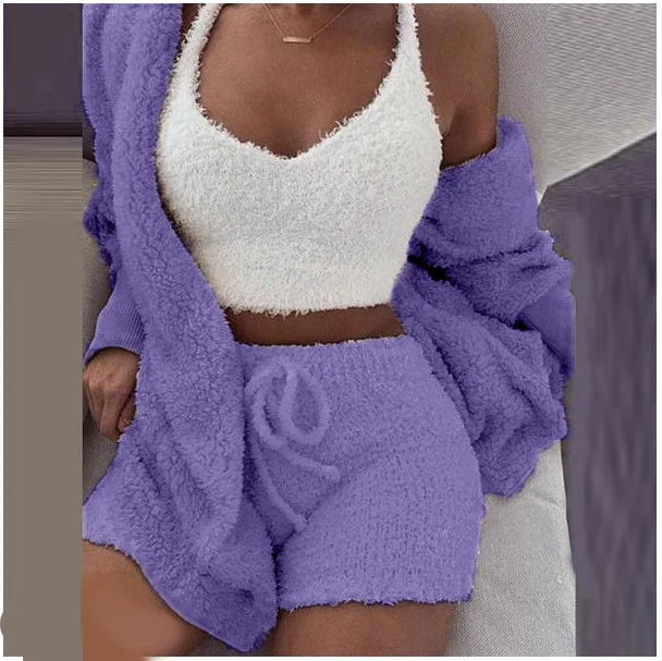 Fashion Women Spring Pajamas Women Sleepwear Sets Solid Plush Hooded Robe + Vest + Shorts 3pcs Nighty Sexy Pajama