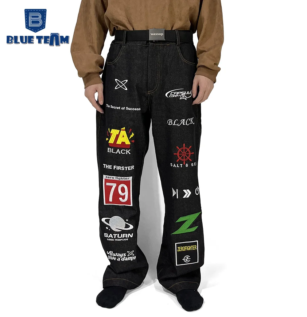 Blue Team | Custom mens denim pants custom embroidered brand logo racing jeans straight leg streetwear motorcycle biker jeans