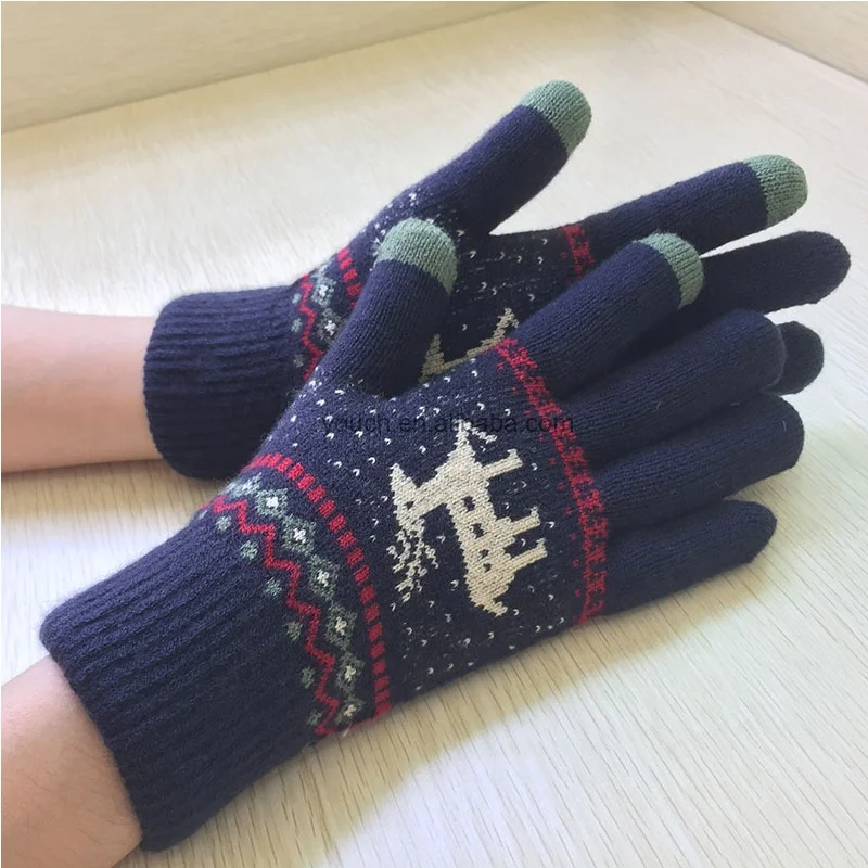 Jacquard Weave Deer Design Winter Warm Assorted Touchscreen Gloves Knitted Mittens for Sports & Cycling Accepts Custom Design