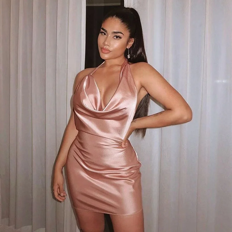  2021 New Arrival Summer Sexy Club Dresses Halter Backless Prom Dress Elegant Party Satin Evening For