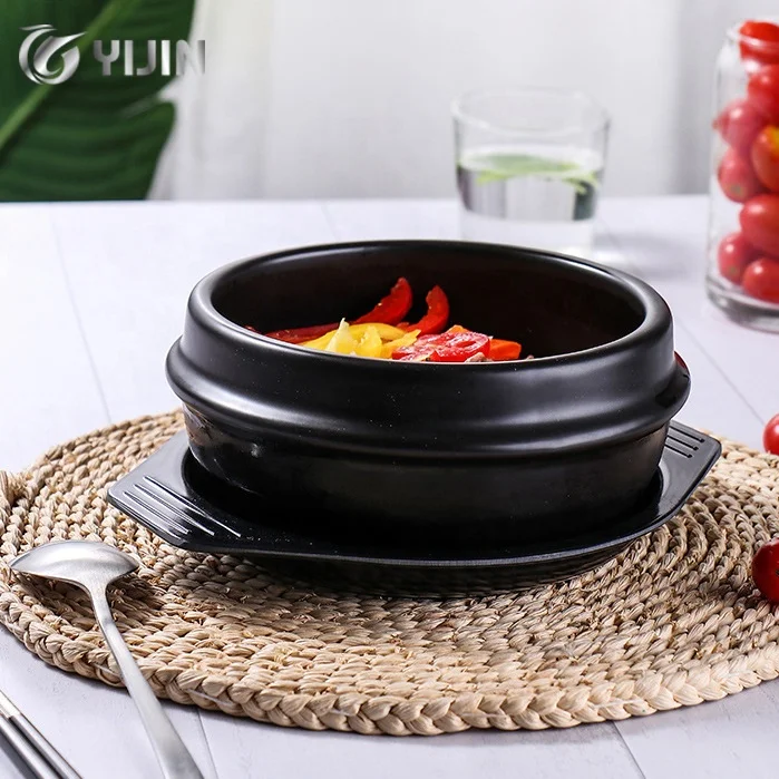 Wholesale black ceramic soup pots dolsot bibimbap ramen casserole stone bowl with tray
