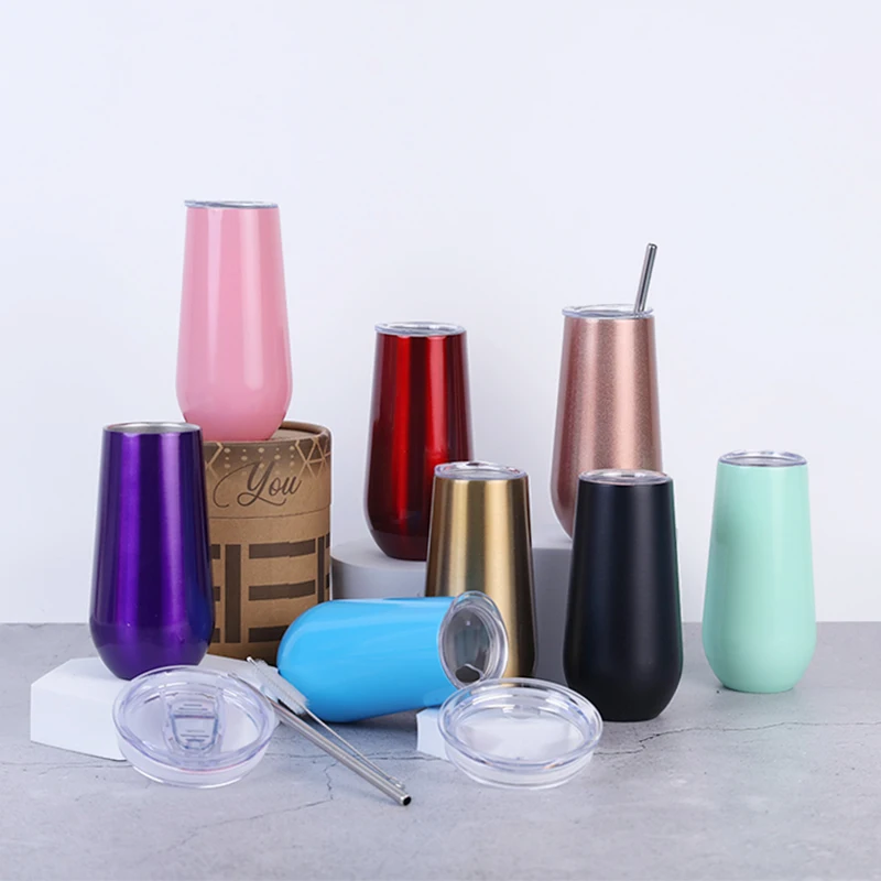 Custom Private Label Stocked 6oz Double Wall Insulated Stemless Stainless Steel Champagne Flutes Coffee Mug Wine Tumbler