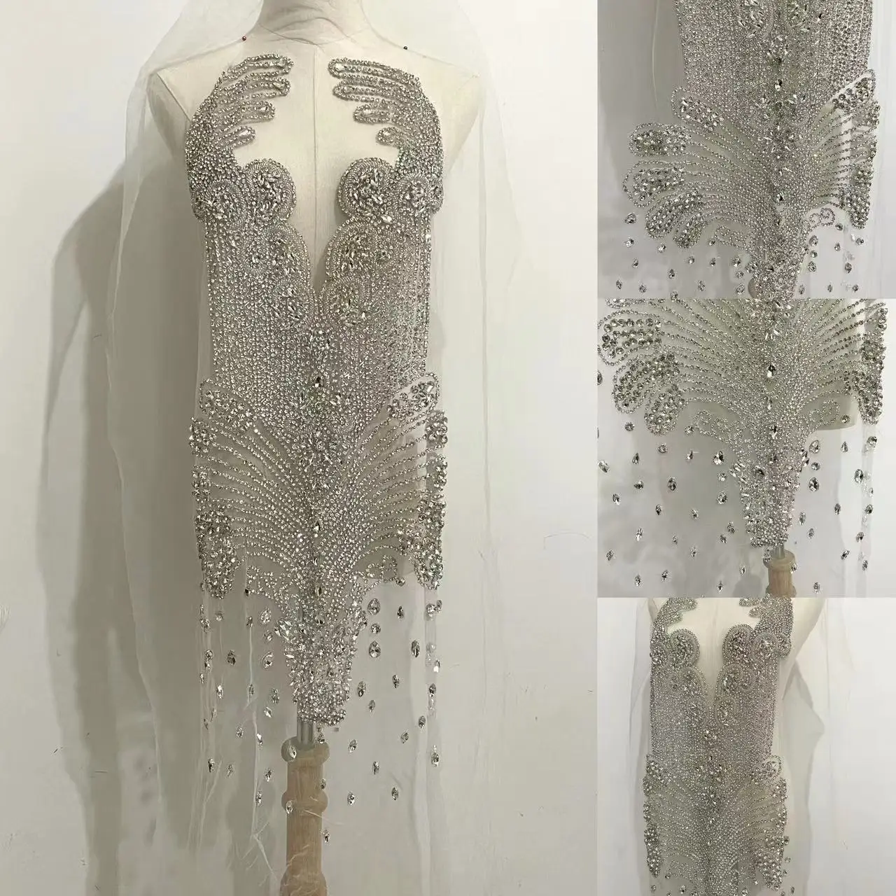 Crystal Beaded Rhinestone Dress Bodice Applique with Mesh, Crystal AB Formal Wedding Prom Crystal Rhinestone applique