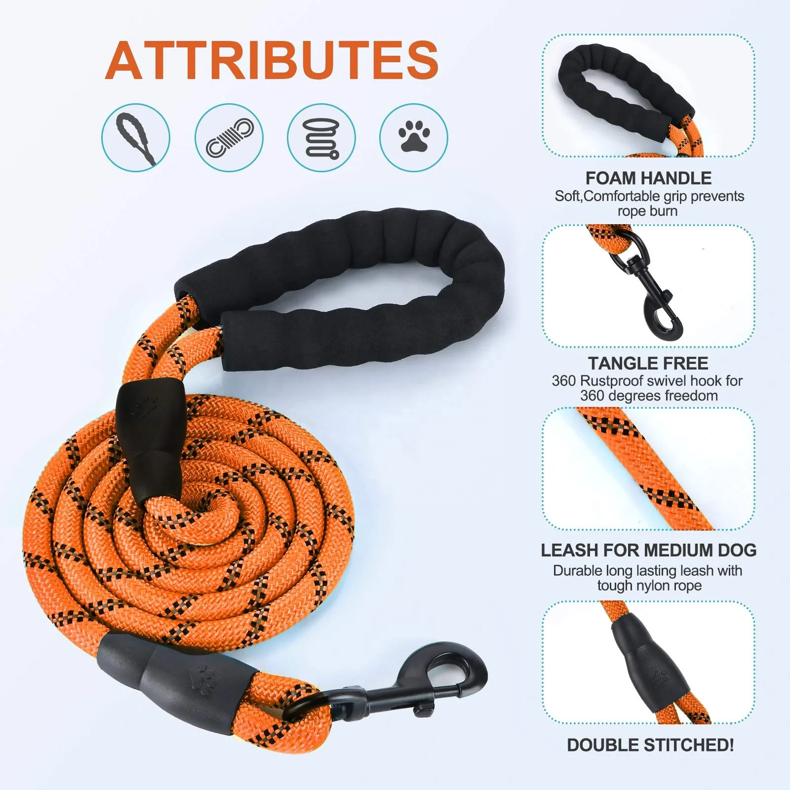 Highly Reflective Nylon Heavy Duty Dog Rope Leash with Soft Padded Anti-Slip Handle Dog Leash