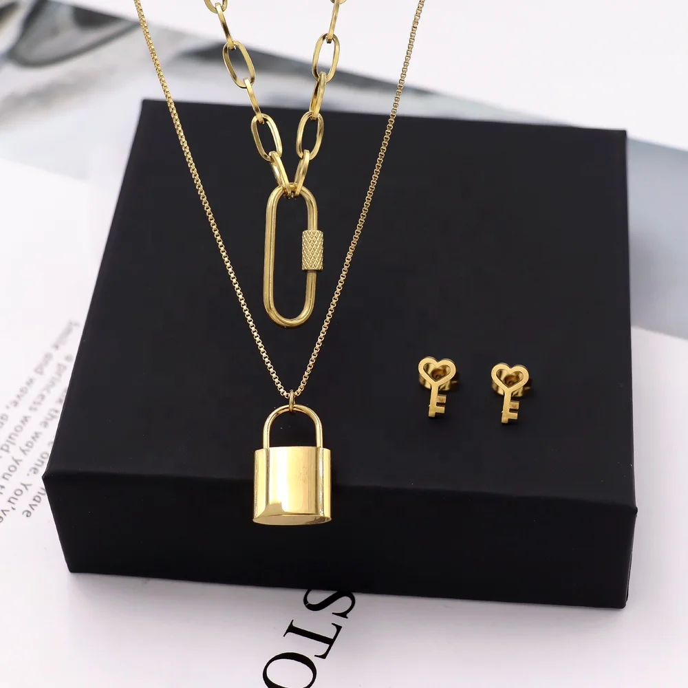 Stainless Steel Heart Star Pearl Pendant Earring Multi Layered  Necklace Jewelry Set