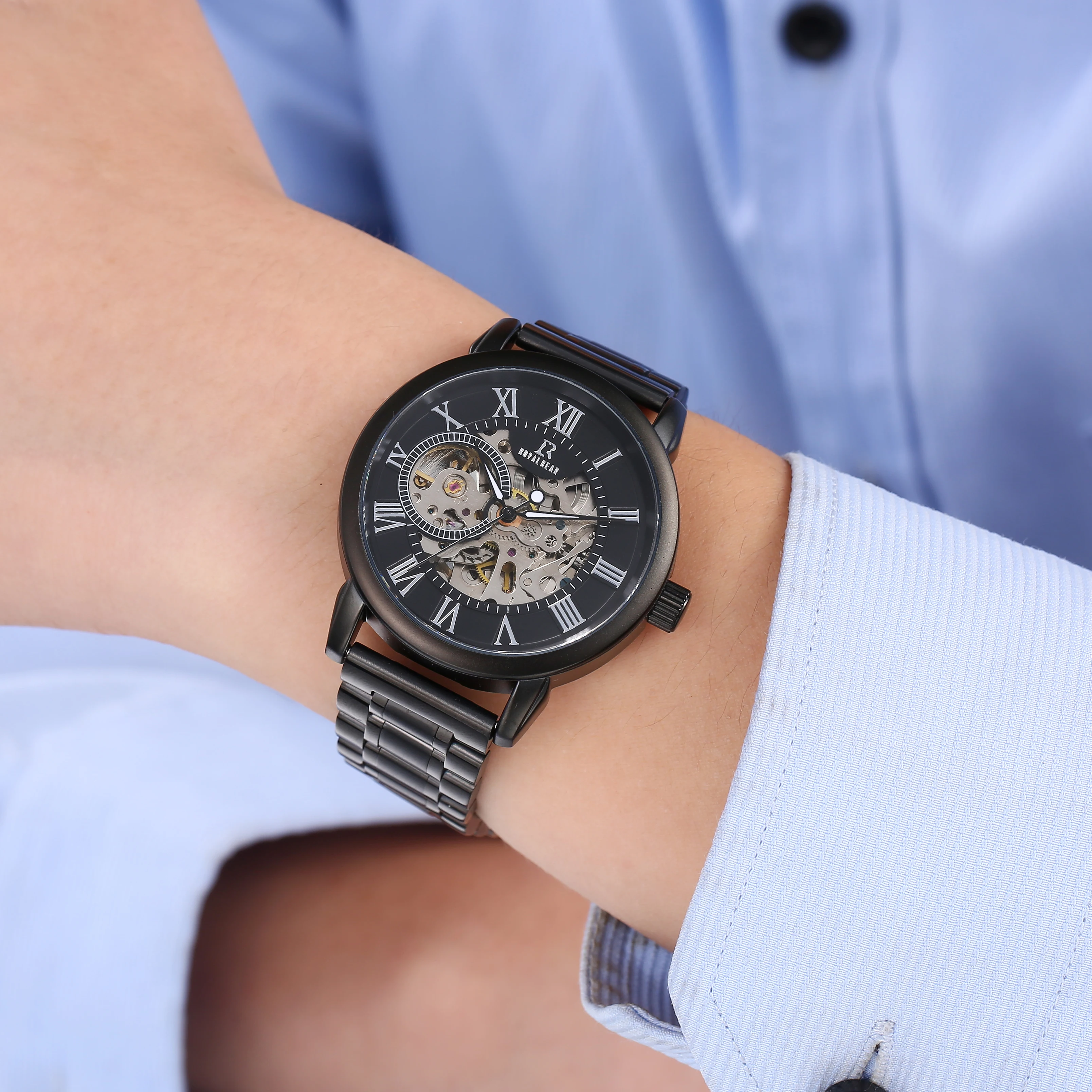 Royal Bear Stainless Steel Men Casual Fashion Waterproof Automatic Movement Mechanical Wrist Watches