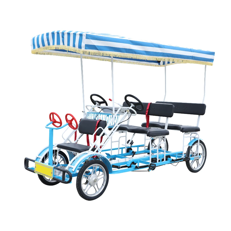 Park seaside cycling rental fashion family 4 wheel adult pedal car couple fun surrey bike tandem bicycle for sale