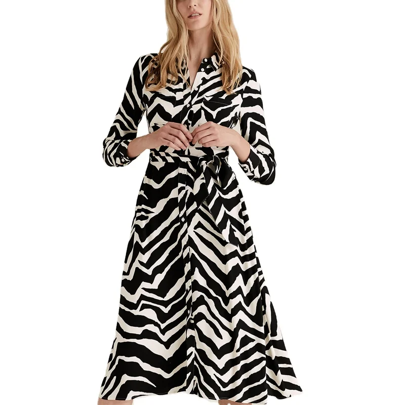 Wholesale New Design Casual Ladies Long Sleeve Zebra Belted Midi Shirt Dress Women