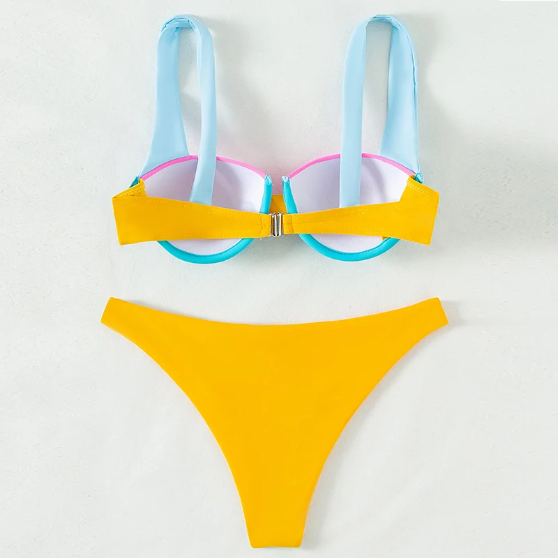 Mills Sisters Sexy Strap Micro Underwire Bikini Top Colorful Patchwork Spandex Swimwear Fabric Girls Swimsuits