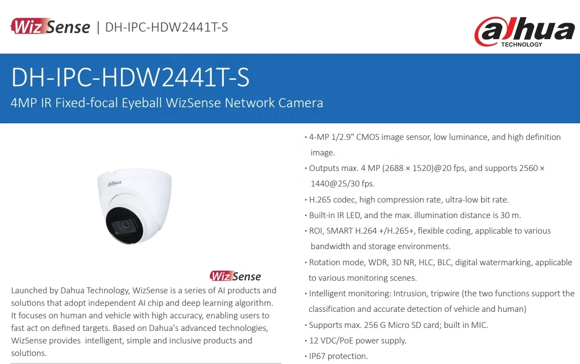 IPC-HDW2441T-S Dahua In Stock Cheap 4MP 30m IR AI Perimeter Protection SMD Plus Turret PoE Security CCTV alhua IP Camera
