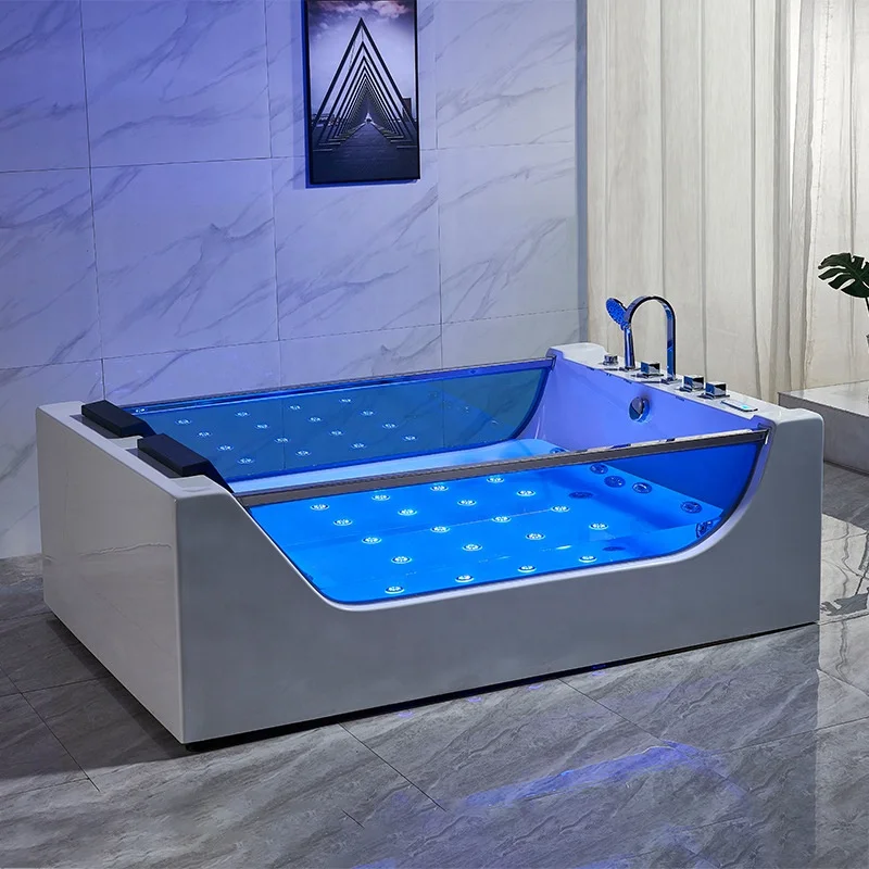 Hot Sale Adults Eco-friendly Free Standing Acrylic 2 Person Bathroom Glass Side Skirt Massage Air Bubble Bathtub With Pillow