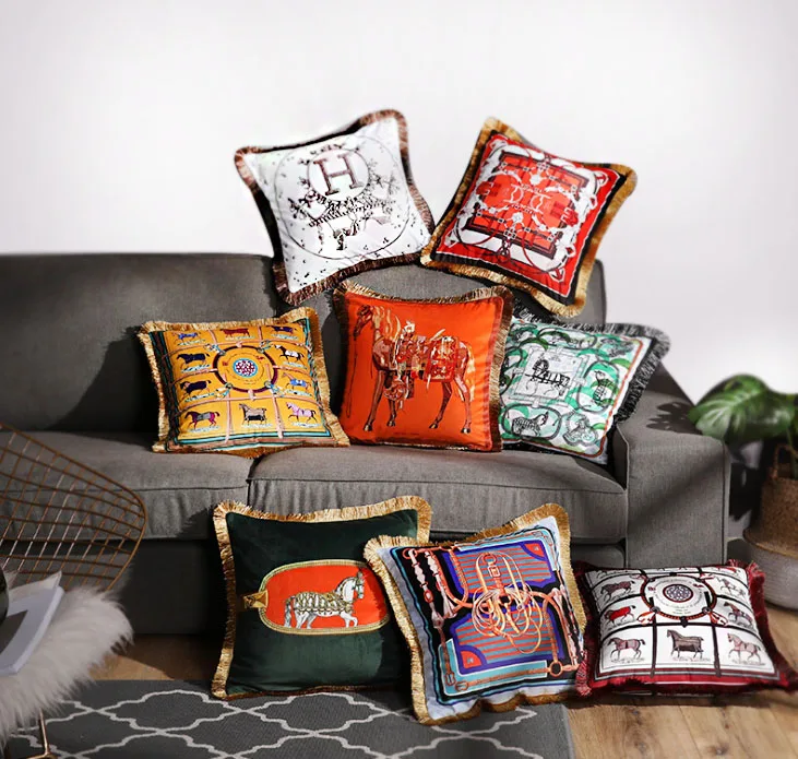 Light luxury high-grade double-sided printing cushion cover European style decorative velvet fringe pillow
