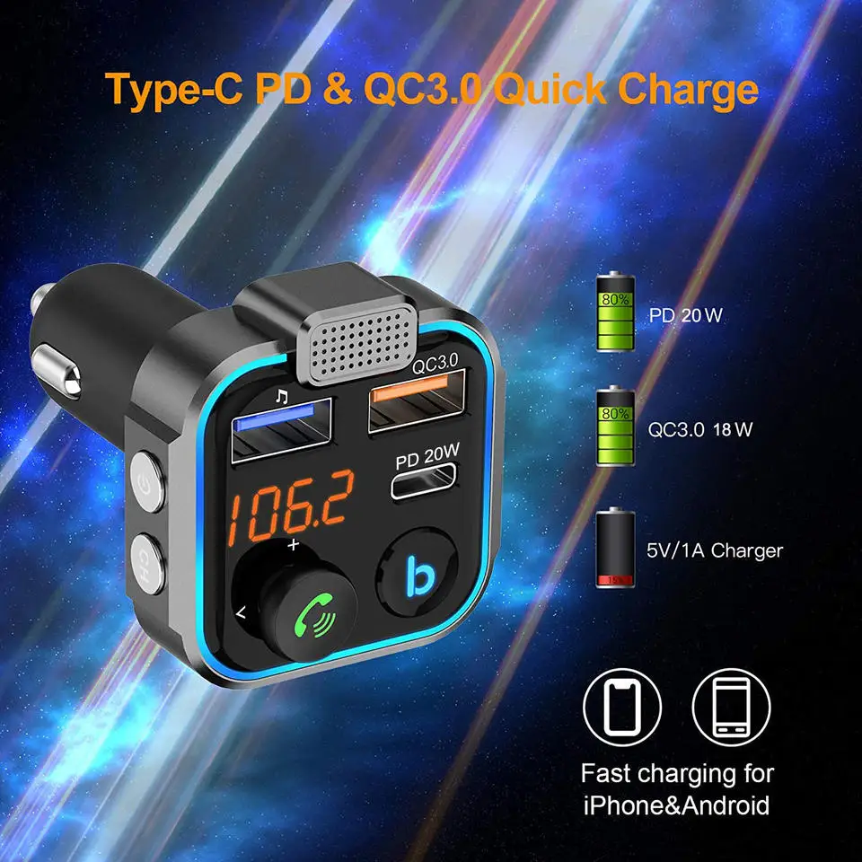 Car hands-free calling QC3.0 dual USB car charger PD18WC car Bluetooth MP3 player FM transmitter
