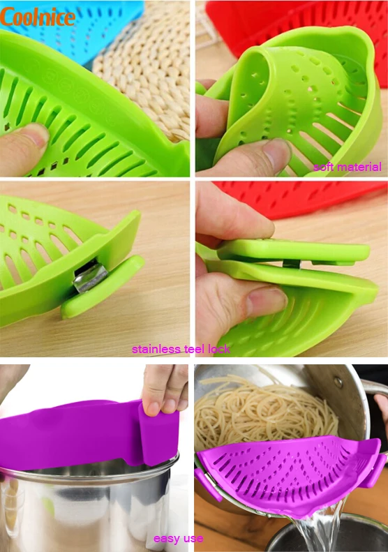 COOLNICE Hot Sale Fits all Pots and Bowls Dishwasher Safe Colander Silicone Clip On Strainers With 2 Clip