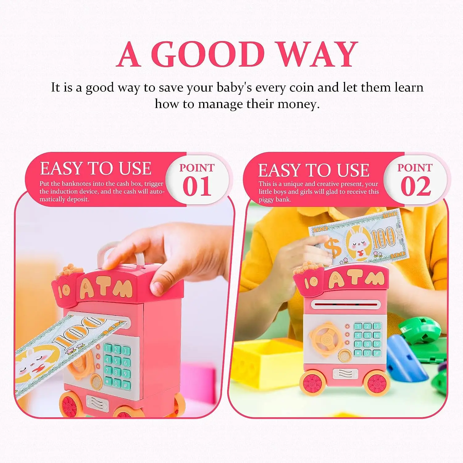Electronic Piggy Bank For Kids Money Bank with Password Fingerprint Recognition ATM Piggy Bank Money Pink Cart With Wheels