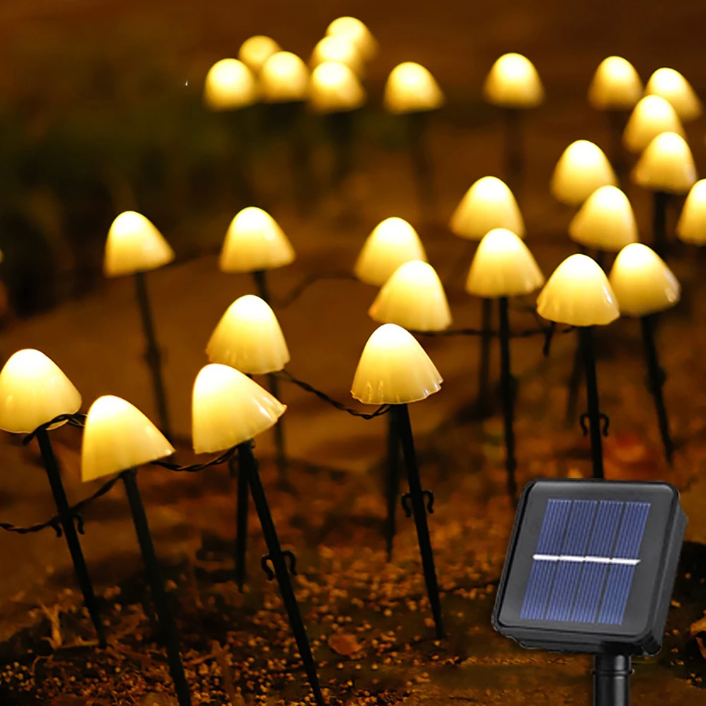  Outdoor LED Solar String Light Garden Mushroom Lamp IP65 Waterproof Fairy