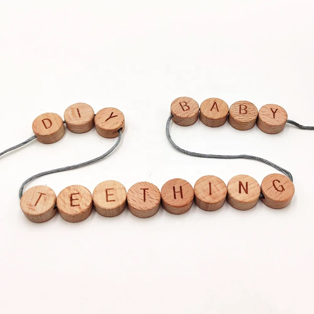 Hot Organic Baby Pacifier Chain Accessories Wooden Letter Flat Round English Alphabet 15mm Beech Wood Beads