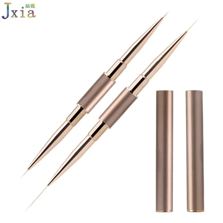 Двухсторонняя кисть для дизайна ногтей цвета шампанского с золотистой металлической ручкой из розового золота