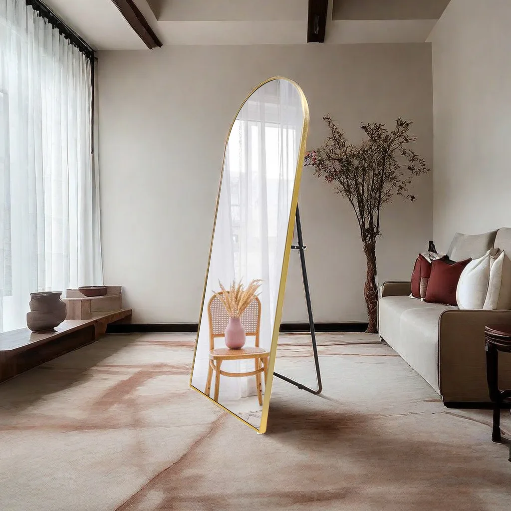 custom arched large gold matel framed big tall full length long body leaning wall free standing floor mirror miroir spiegel