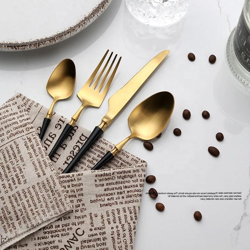 Black  gold luxury wedding used flatware set  stainless steel cutlery