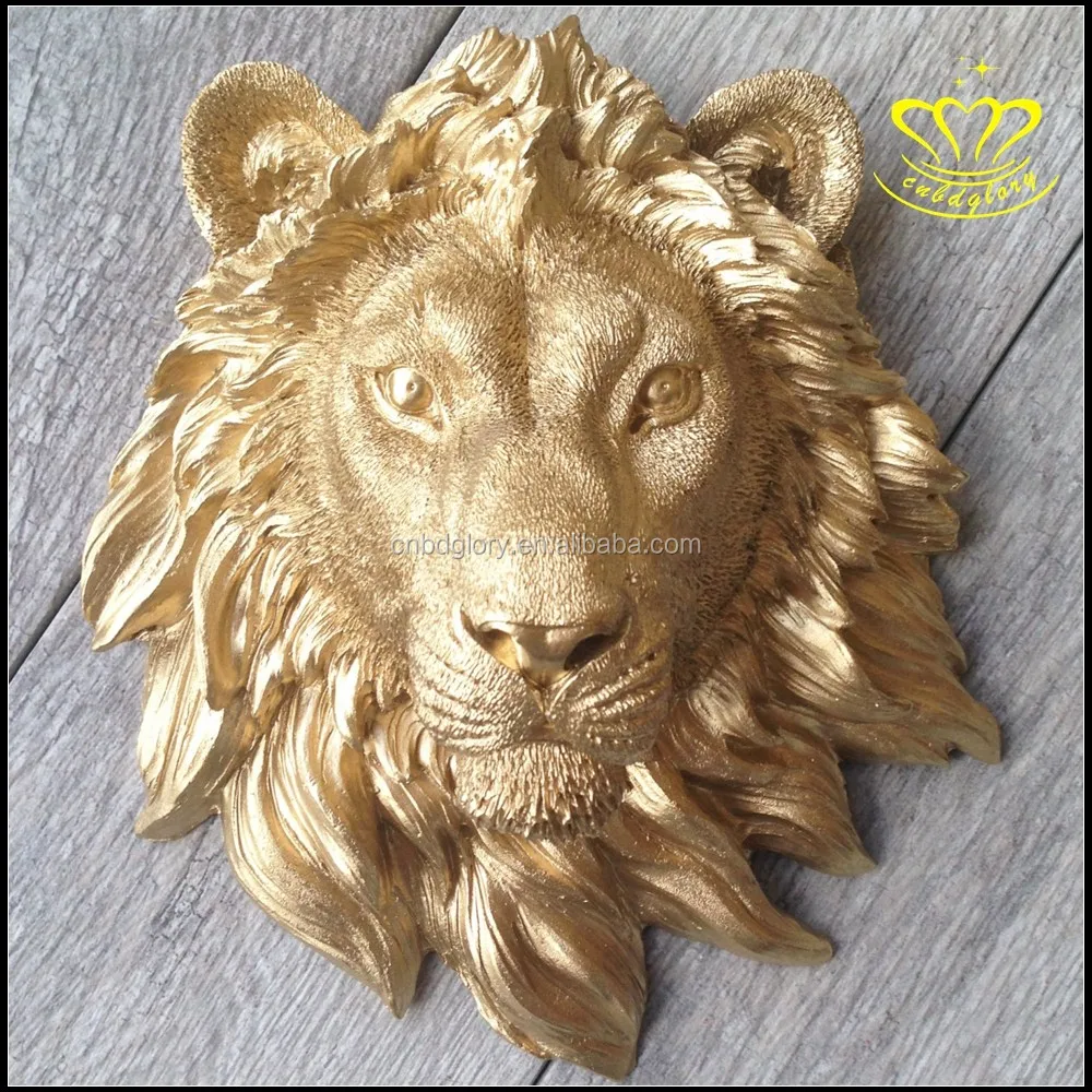 Outdoor garden Wall art Hanging ornament metal crafts Sculpture Gold Bronze Lion Head Statue