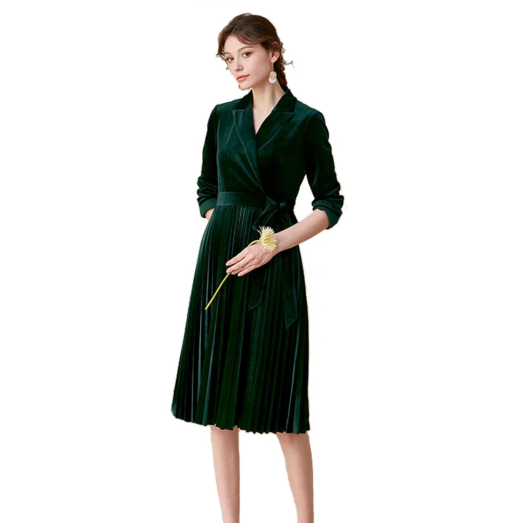 
Women Velvet Long Sleeve Autumn Temperament Green Slim Elegant Pleated Midi Skirt Career Dress 