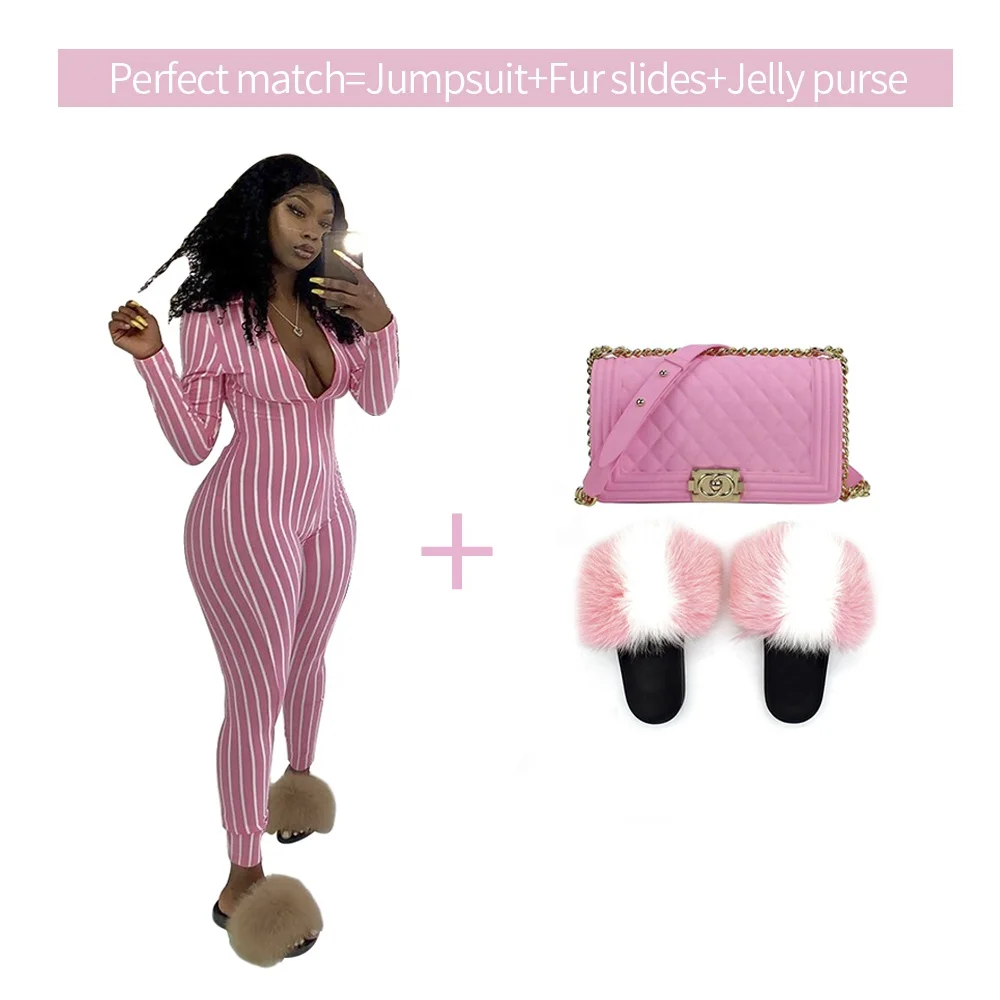 Новое поступление, Модные Недорогие удобные Разноцветные полосатые женские комбинезоны, меховые тапочки с кошельком