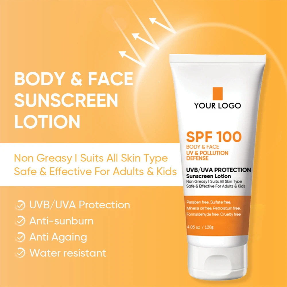 Personal Label Oem Protects Skin Uv Damage Broad Spectrum Water-Resistant Sun Cream Spf 100 Body And Face Sunscreen Lotion