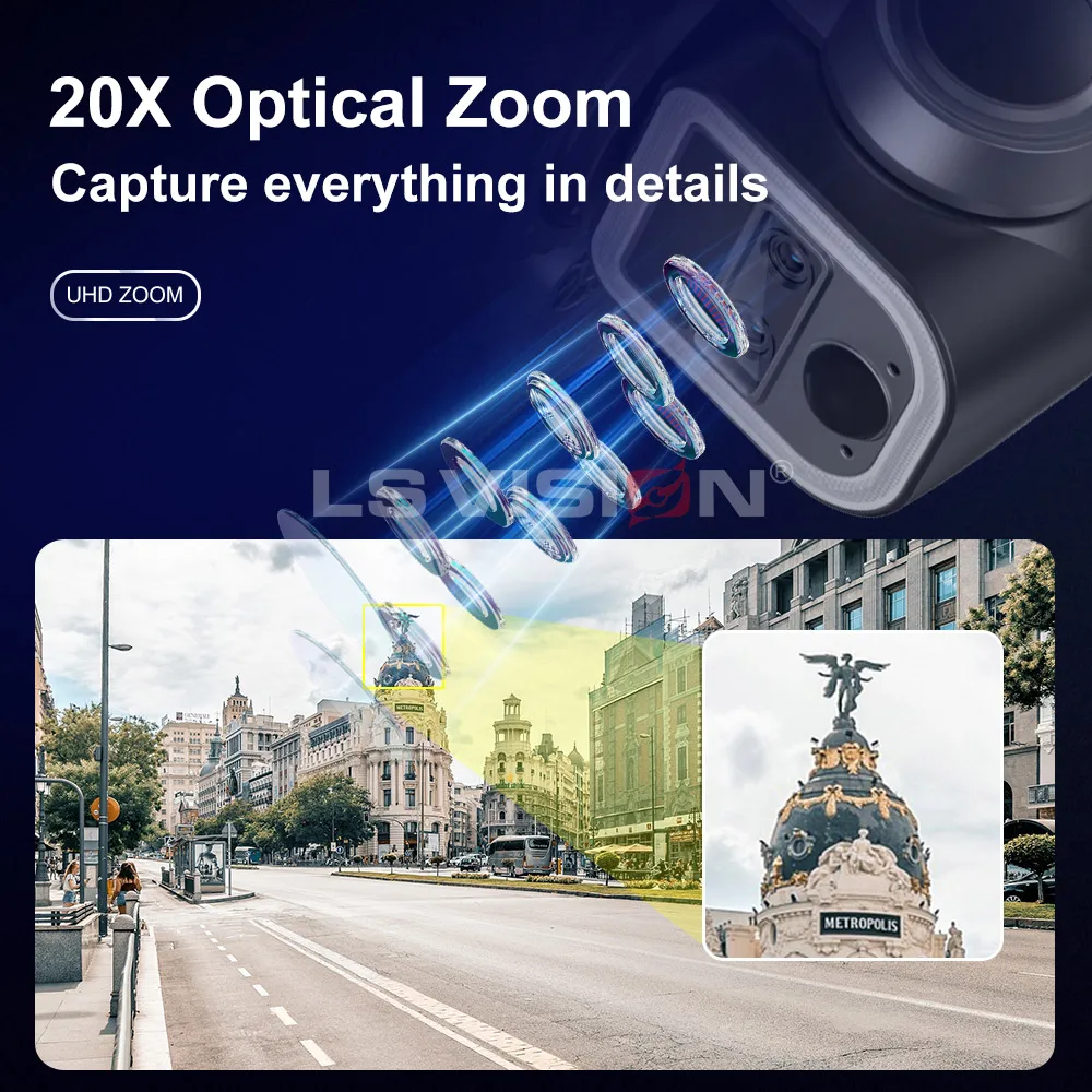 LS VISION 6MP Waterproof Outdoor PTZ Camera Dual screen 20X Zoom Laser Floodlight Solar Panel Battery Wifi 4G 4G Solar Panel