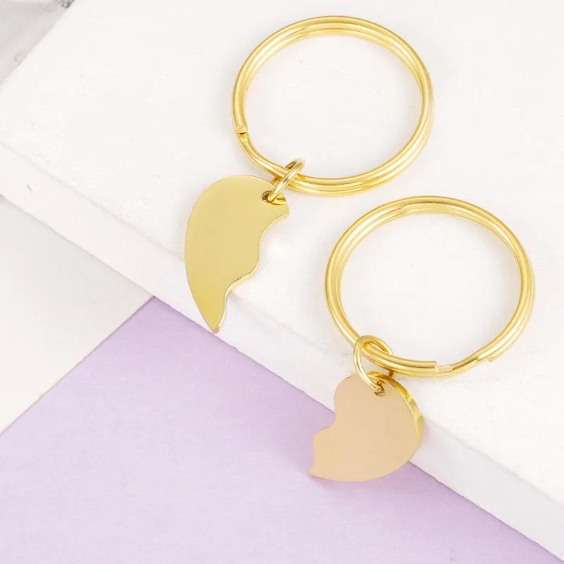 Engraved Blank Stainless Steel Heart Double Key Chain Dual Couple Keychain Pair Heart Couple Laser Logo Keychains Tag Love Gift