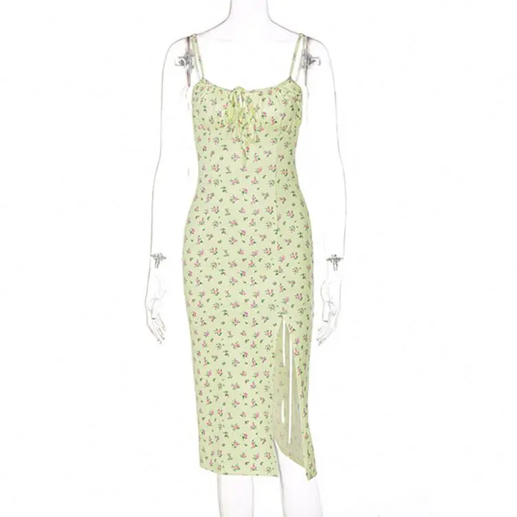 2024 Floral Print Slit Side Drawstring Sleeveless Strap Deep Square Neck Elegant Casual Dress Women Summer Fashion Wholesale