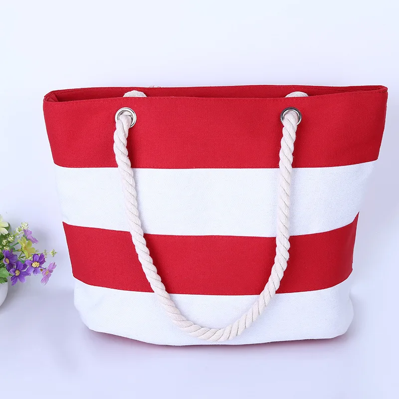 YIMYIK New super portable hemp rope shoulder canvas bag patchwork red stripe beach bag