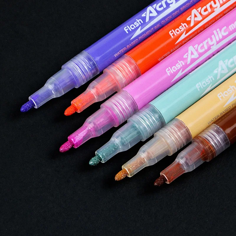 Craft Art Fine Tip Glitter Permanent Marker Pens Set Flashing Glitter Paint Pens Acrylic Paint Pen for Rock Painting, Fabric