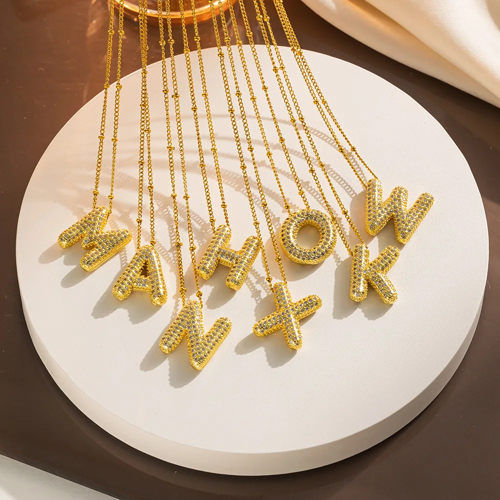 Fashion Versatile 26 Alphabets Full Zircon Pendant Stainless Steel Necklace Cz Diamond Chunky Letter Charm Necklace