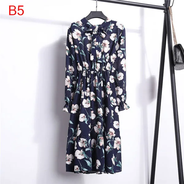 S-3XL 31 colors Spring Summer Custom Logo Long Sleeve Floral Printed Polka Female Midi Casual Chiffon Dresses for Women