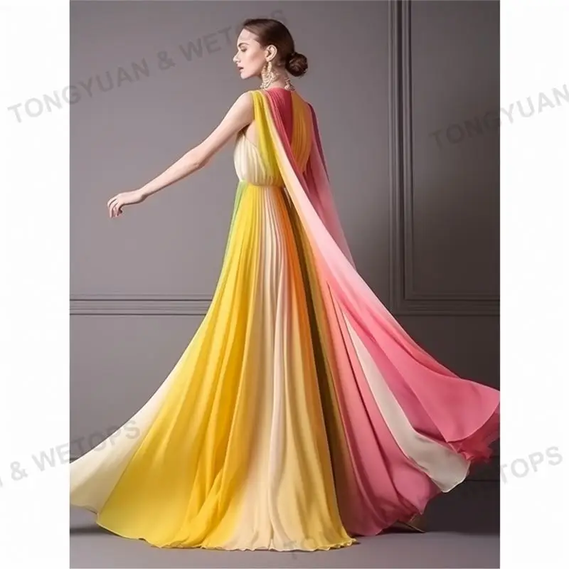 New Arrived Womens Plus Size Clothing Elegant Contrasting Color Cape Free Size Floor-Length Pleated Dress For Women
