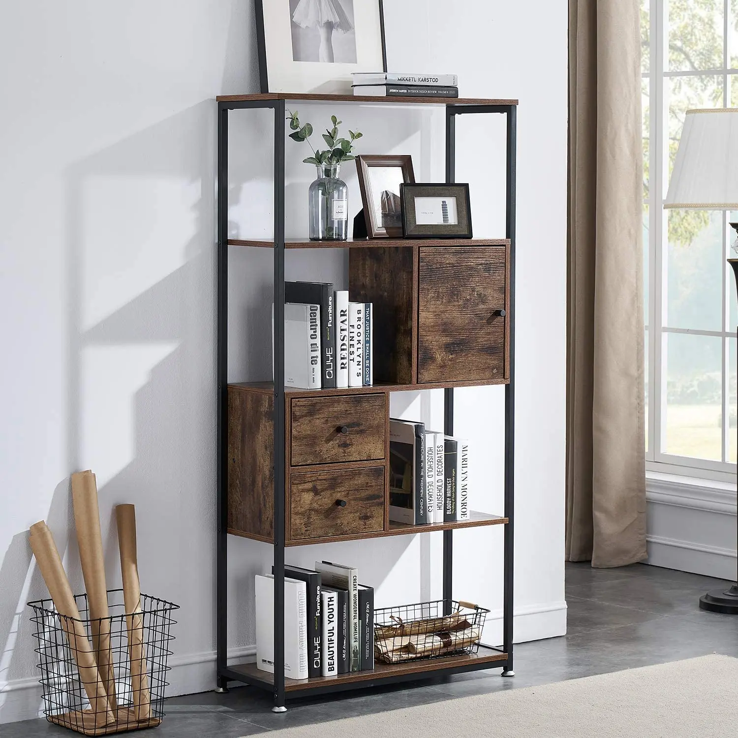 metal  Living room furniture frame 4 tiers storage rack wooden bookshelves