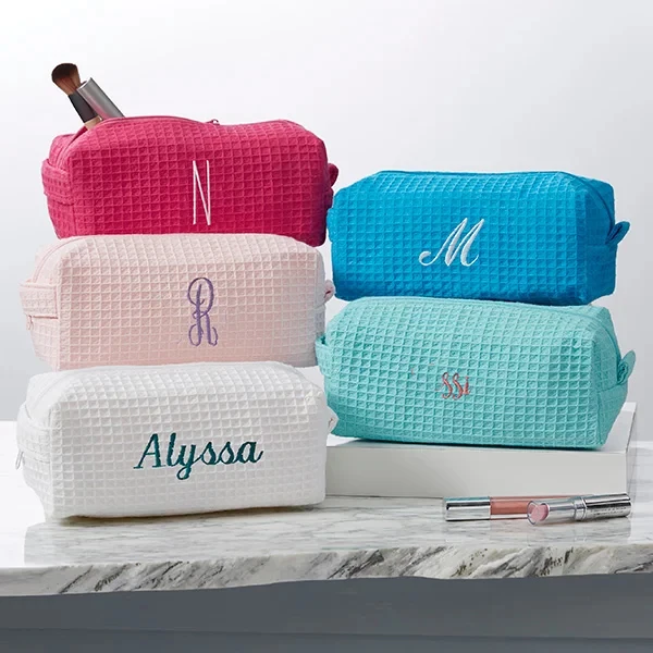 Custom Cosmetic Bag Logo Bridal Party Personalized White Waffle Weave Makeup Bag Travel Size Waffle Weave Cosmetice Bag