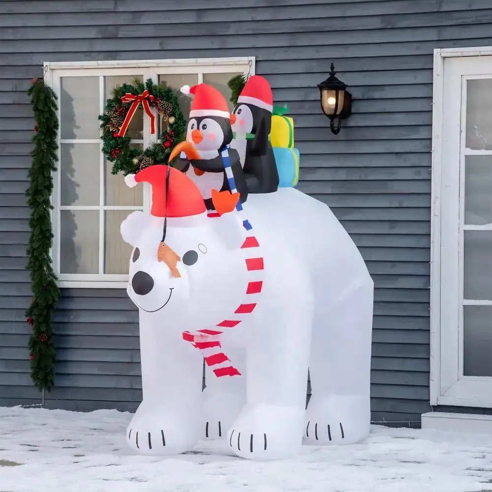 Christmas Decoration With Polar Bear And 2 Penguins Inflatable Santa Decoration