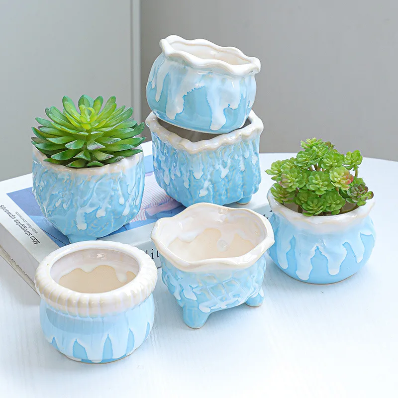 Blue And White Flower Porcelain Modern Design Planter Ceramic Plant Korean Succulent Pot