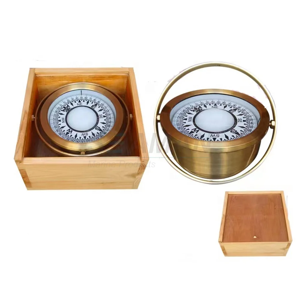 6 inch Nautical Brass Gimbal Compass with Wood Box for Boat