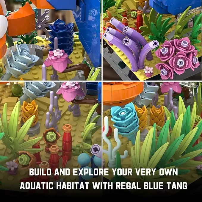 Sea World building block set, with Royal Blue Tang, clown fish, coral and aquatic plants, fish tank model suitable for all ages.