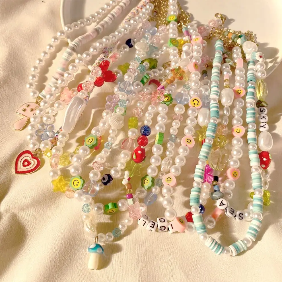 Summer Beach Jewelry Shell Pearl Necklace Fashion Cute Cartoon Polymer Clay Happy Smile Face Choker Necklaces For Women Girls