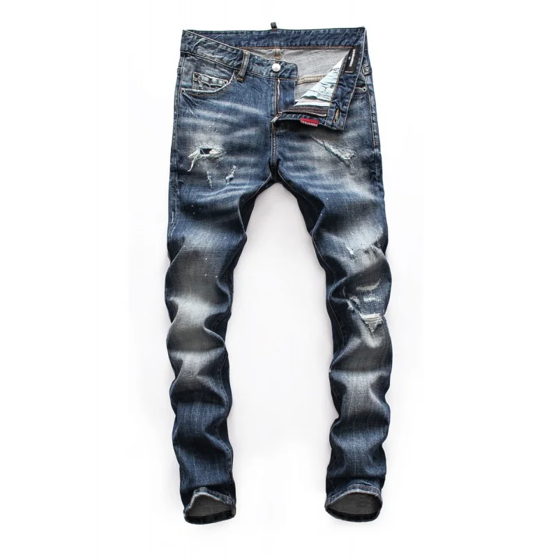 Stretch denim 2021 summer mid-waist zipper  men jeans male washed micro-elastic slimming holes and scratched DSQ2 long pants