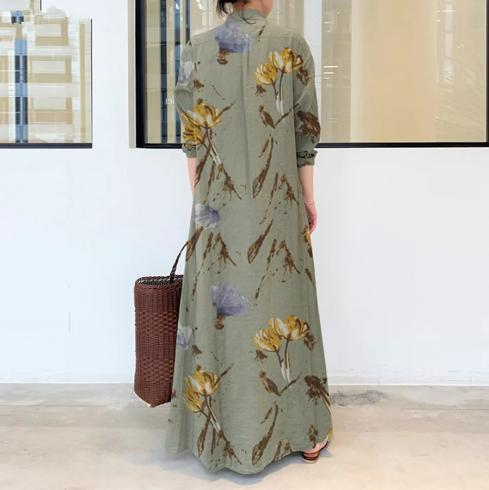 Causal Cotton hemp Floral Lapel Long Sleeve Pocket Loose Long Cardigan Dress Abaya Clothing Muslim Dress Shirts Blouse Dress