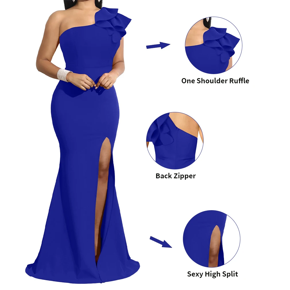 Latest design slit elegant dress one shoulder bodycon ruffles gowns chic evening dress